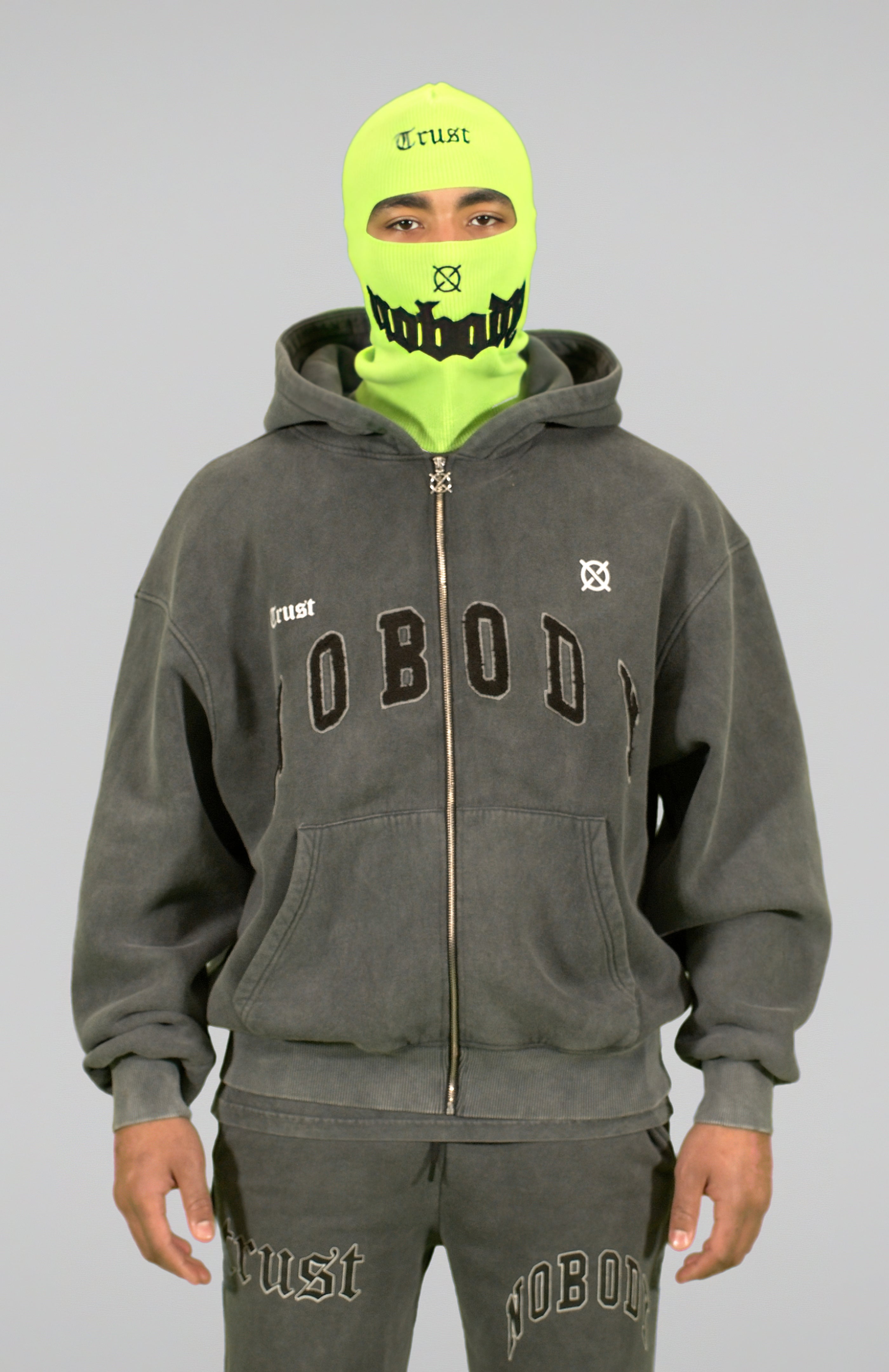 'TRUST Nobody' Stonewashed Grey Zipper Hoodie - TRUST Amsterdam
