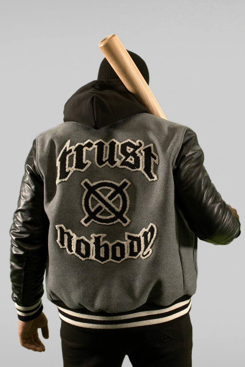 'TRUST Nobody' Grey Baseball Jacket - TRUST Amsterdam
